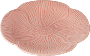 Różowa ceramiczna miseczka w kształcie kwiatu z wytłoczonymi płatkami i spiralnym środkiem. Widok z góry.