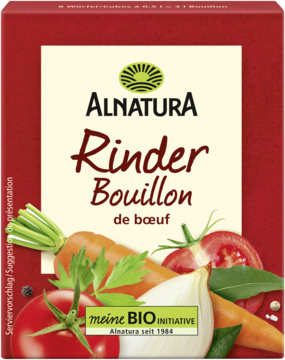 Czerwone opakowanie Alnatura Rinder Bouillon z grafiką warzyw: marchew, pomidory, cebula, widok z przodu.