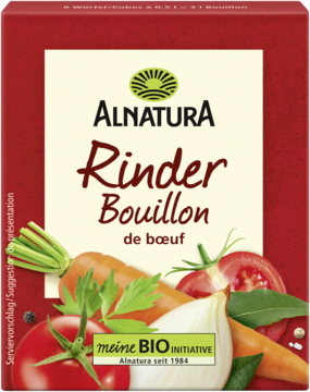 Alnatura Rinder Bouillon, bulion wołowy bio w czerwono-beżowym pudełku z ilustracjami warzyw, widok z przodu.