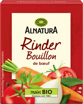 Alnatura Rinder Bouillon, organiczne kostki bulionu wołowego w czerwono-białym pudełku z warzywami, widok z przodu.