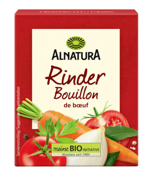Czerwone opakowanie Alnatura Rinder Bouillon z ilustracją warzyw na froncie, bulion wołowy w kostkach.