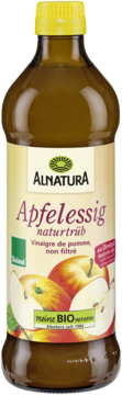 Brązowa butelka octu jabłkowego Alnatura Apfelessig naturtrüb z żółtą nakrętką i jabłkami na etykiecie, widok z przodu.