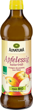 Alnatura organic naturally cloudy apple cider vinegar in brown glass bottle with yellow cap, frontal view.