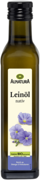 Alnatura bio Leinöl nativ w ciemnozielonej butelce, etykieta z lnem i informacją o Omega-3, widok z przodu.