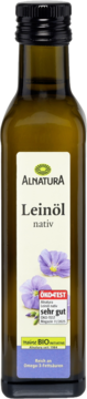 Alnatura Organiczny Olej Lniany nativ w ciemnej szklanej butelce, bogaty w Omega-3, widok z przodu.