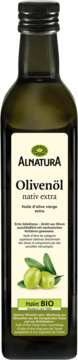 Zielona butelka Alnatura Olivenöl nativ extra bio, z białą etykietą i grafiką oliwek, widok z przodu.