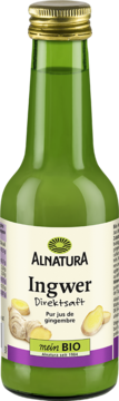 Zielona butelka Alnatura Ingwer Direktsaft z złotą zakrętką, białą etykietą i ilustracją imbiru z przodu.