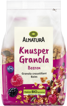 Front białej torebki Alnatura Knusper Granola Beeren, chrupiąca granola z owocami leśnymi i orzechami.