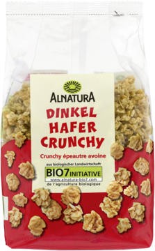 Alnatura Dinkel Hafer Crunchy, ekologiczne chrupki owsiano-orkiszowe w plastikowej torbie, widok z przodu.