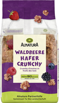 Alnatura Waldbere Hafer Crunchy, fioletowa paczka z owocami leśnymi, truskawkami i granolą, widok z przodu.