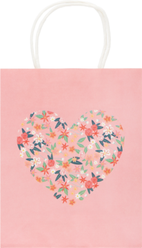 Eloy torba prezentowa, różowa, z sercem z kwiatów, białymi rączkami, frontalny widok, Dzień Kobiet.
