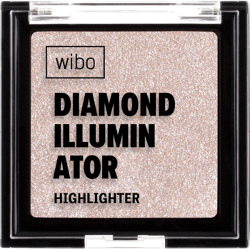 Wibo Diamond Illuminator, rozświetlacz prasowany w szampańskim odcieniu, w czarnym kwadratowym opakowaniu.