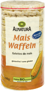 Alnatura Mais Waffeln, wafle kukurydziane z solą morską, bezglutenowe 110g, w przezroczystym opakowaniu, widok z przodu.
