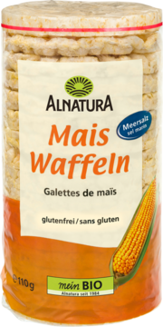 Alnatura kukurydziane wafle z solą morską, BIO, bezglutenowe, w przezroczystym opakowaniu, widok z przodu.