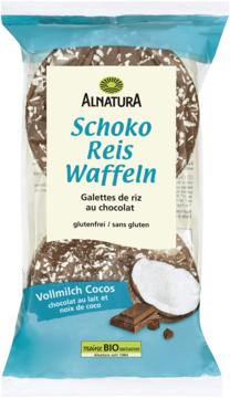 Front Alnatura Schoko Reis Waffeln Vollmilch Cocos, bezglutenowe, z czekoladą i kokosem, w przezroczystym opakowaniu.