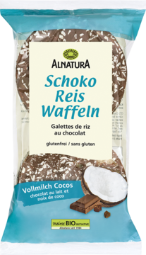Alnatura Schoko Reis Waffeln, bezglutenowe wafle ryżowe w czekoladzie mlecznej z kokosem, przezroczyste opakowanie.