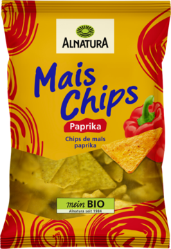Żółta paczka Alnatura Mais Chips Paprika BIO z czerwoną papryką i chrupiącymi chipsami, widok z przodu.
