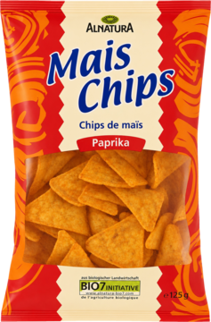 Alnatura Mais Chips Paprika 125g, ekologiczne, czerwono-pomarańczowe opakowanie z widocznymi chrupkimi chipsami.