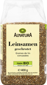 Alnatura mielone siemię lniane 400g w przezroczystej torbie z biało-zieloną etykietą, widok z przodu.