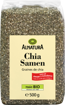 Organiczne ALNATURA Chia Samen 500g w przezroczystej torbie, z żółtą etykietą i tekstem o omega-3. Widok z przodu.
