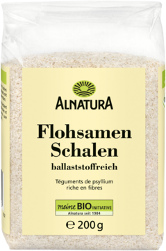 Alnatura Flohsamen Schalen (łuski psyllium), 200g, w przezroczystej torebce z etykietą, widok z przodu.
