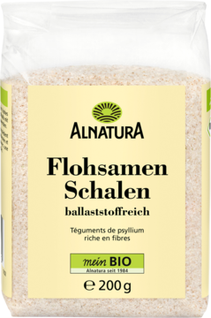 Alnatura Flohsamen Schalen, łupiny babki płesznik bogate w błonnik, przezroczysta torebka z żółtą etykietą, 200g.