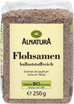 Transparent bag of Alnatura psyllium husks (Flohsamen), 250g, yellow label, green logo, front view.