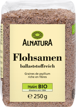 Alnatura Flohsamen, 250g brązowo-szarych nasion babki płesznik w przezroczystym opakowaniu, widok z przodu.