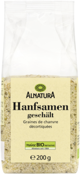 Opakowanie ALNATURA Hanfsamen geschält 200g, przezroczysta torebka z jasnymi nasionami konopi, widok z przodu.