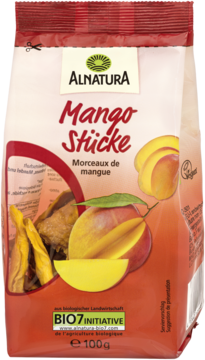 Czerwona torebka Alnatura Mango Stücke, suszone kawałki mango, z grafiką świeżych i suszonych owoców, widok z przodu.