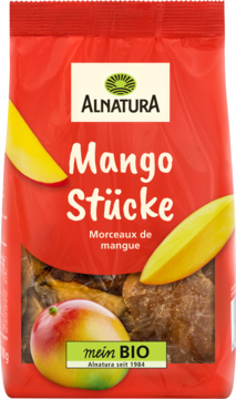 Czerwona torba Alnatura Mango Stücke, widok z przodu. Zawiera suszone kawałki mango i grafikę owoców.