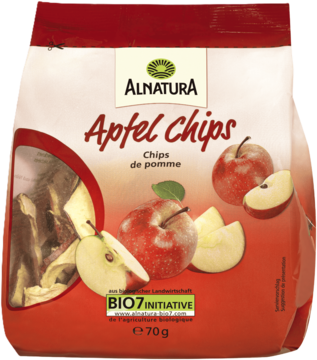 Alnatura Apfel Chips 70g, widok z przodu czerwono-białej torebki z jabłkami i suszonymi chipsami.