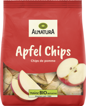 Czerwona torebka Alnatura Apfel Chips (bio suszone jabłka), widoczne chipsy i plastry jabłek, z przodu.