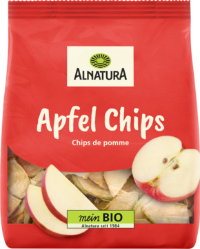 Czerwona torebka Alnatura Apfel Chips, z przodu logo, plasterki jabłek i suszone chrupiące chipsy bio.