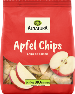 Czerwone opakowanie Alnatura Apfel Chips bio z plasterkami jabłek i widokiem suszonych chipsów.
