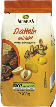 Alnatura Datteln entsteint (daktyle drylowane) 200g, brązowo-pomarańczowa matowa torba z obrazkiem daktyli, frontalnie.