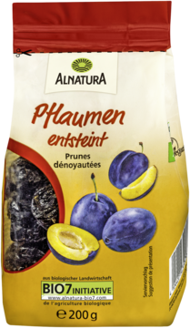 Opakowanie suszonych śliwek Alnatura Pflaumen entsteint 200g, z okienkiem i grafiką świeżych śliwek, widok z przodu.