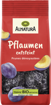 Czerwona torebka Alnatura Pflaumen entsteint (drylowane śliwki) z logo, zdjęciem owoców i suszonych śliwek.