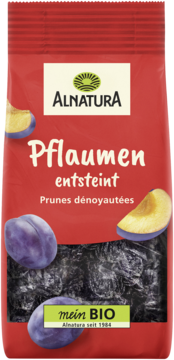 Czerwone opakowanie Alnatura Bio z suszonymi, drylowanymi śliwkami. Widoczne fioletowe śliwki i żółty miąższ. Przód.