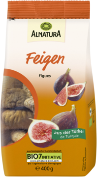 Opakowanie suszonych fig Alnatura 400g, brązowo-pomarańczowe, z ilustracjami świeżych owoców i widoczną zawartością.