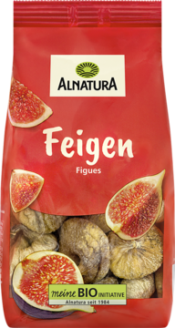 Czerwona torebka Alnatura suszonych fig z widocznymi owocami i grafiką przekrojonych fig. Widok z przodu.