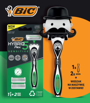 Zestaw BIC Hybrid 5 Flex Sensitive: maszynka, 2 wkłady i ozdobny uchwyt z wąsami i melonikiem.