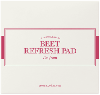 I'm From Beet Refresh Pad, białe pudełko z szerokim różowym pasem i nazwą produktu, widok z przodu.