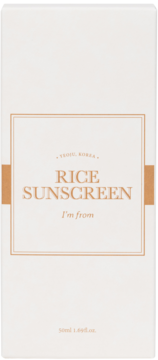 Białe opakowanie I'm from Rice Sunscreen SPF 50+, mineralnego kremu z ekstraktem ryżu, widok z przodu.