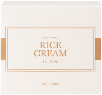 Białe pudełko kremu do twarzy I'm From Rice Cream 50g z ryżem, brązowy pas, widok z przodu.
