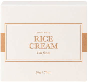 Białe pudełko kremu do twarzy I'm From Rice Cream 50g z ryżem, brązowy pas, widok z przodu.