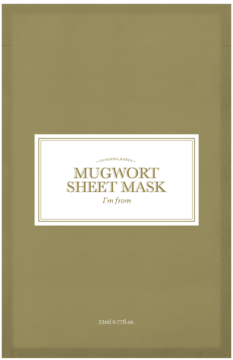 I'm From Mugwort Sheet Mask dla cery wrażliwej, oliwkowo-zielona saszetka z białym napisem, widok z przodu.