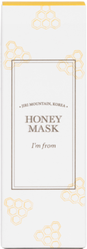 Opakowanie I'm From Honey Mask, białe z brązowym tekstem i złotymi plastrami miodu, widok z przodu.