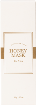 Białe prostokątne opakowanie maski I'm From Honey Mask 30g, z nawilżającym miodem, złotym napisem i ramką, widok z przodu.