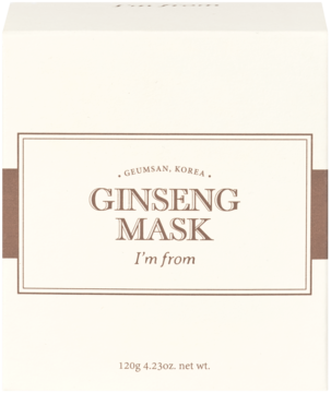 Białe pudełko rewitalizującej maski I'm From Ginseng Mask, z brązowym tekstem i ramką, widok z przodu.